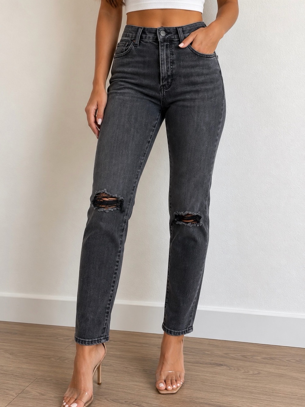 Express High Rise Skinny 4-Way Hyper Stretch Distressed Jeans Black Waist 2